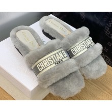 Dior Dway Flat Slide Sandals in Gray Shearling Fur and Embroidered Canvas 2024