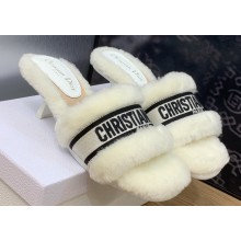 Dior Heel 6.5cm Dway Slide Sandals in White Shearling Fur and Embroidered Canvas 2024