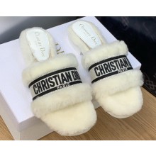 Dior Dway Flat Slide Sandals in White Shearling Fur and Embroidered Canvas 2024