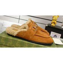 Gucci Merinos wool lining mules with Horsebit 771061 leather Suede Khaki 2024