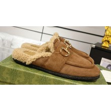 Gucci Merinos wool lining mules with Horsebit 771061 leather Suede Brown 2024