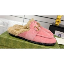 Gucci Merinos wool lining mules with Horsebit 771061 leather Suede Pink 2024