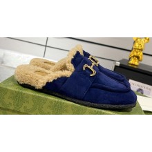 Gucci Merinos wool lining mules with Horsebit 771061 leather Suede Blue 2024