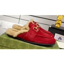 Gucci Merinos wool lining mules with Horsebit 771061 leather Suede Red 2024
