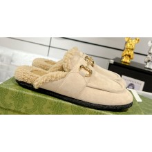 Gucci Merinos wool lining mules with Horsebit 771061 leather Suede Creamy 2024