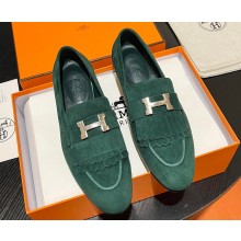 Hermes Royal loafer in suede goatskin Green with fringe and palladium-plated signature "H" detail