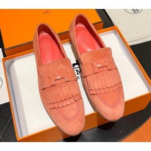 Hermes Royal loafer in suede goatskin Lobster Pink with fringe and tone-on-tone lacquered palladium-plated signature "H" detail