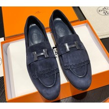 Hermes Royal loafer in suede goatskin Navy Blue with fringe and palladium-plated signature "H" detail