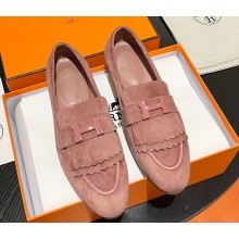 Hermes Royal loafer in suede goatskin Nude Pink with fringe and tone-on-tone lacquered palladium-plated signature "H" detail