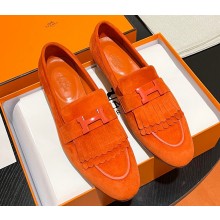 Hermes Royal loafer in suede goatskin Orange with fringe and tone-on-tone lacquered palladium-plated signature "H" detail
