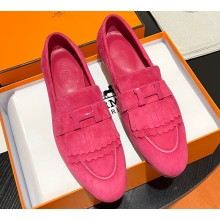Hermes Royal loafer in suede goatskin Fuchsia with fringe and tone-on-tone lacquered palladium-plated signature "H" detail