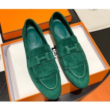 Hermes Royal loafer in suede goatskin Green with fringe and tone-on-tone lacquered palladium-plated signature "H" detail
