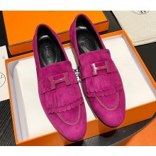 Hermes Royal loafer in suede goatskin Purple with fringe and tone-on-tone lacquered palladium-plated signature "H" detail