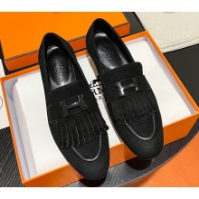 Hermes Royal loafer in suede goatskin Black with fringe and tone-on-tone lacquered palladium-plated signature "H" detail