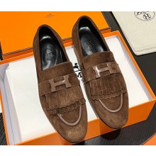 Hermes Royal loafer in suede goatskin Coffee with fringe and tone-on-tone lacquered palladium-plated signature "H" detail