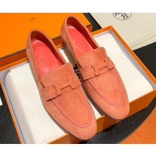 Hermes Paris loafer in suede goatskin Lobster Pink with tone-on-tone signature "H" detail