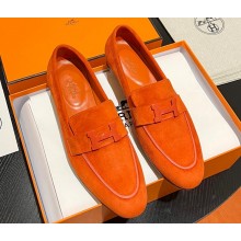 Hermes Paris loafer in suede goatskin Orange with tone-on-tone signature "H" detail