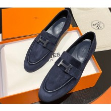 Hermes Paris loafer in suede goatskin Navy Blue with palladium-plated signature "H" detail