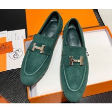 Hermes Paris loafer in suede goatskin Green with palladium-plated signature "H" detail