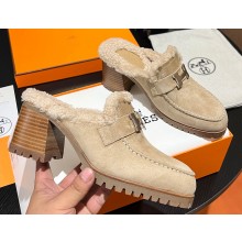 Hermes Heel 7.5cm Flore mule in suede goatskin Beige with shearling lining 2024