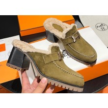 Hermes Heel 7.5cm Flore mule in suede goatskin Green with shearling lining 2024