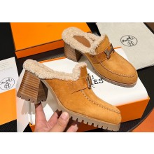 Hermes Heel 7.5cm Flore mule in suede goatskin Khaki with shearling lining 2024