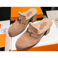 Hermes Heel 7.5cm Flore mule in suede goatskin Nude with shearling lining 2024