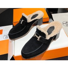 Hermes Heel 7.5cm Flore mule in suede goatskin Black with shearling lining 2024