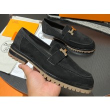 Hermes Faubourg loafer in suede goatskin Black with signature "H" detail 2024