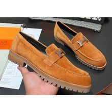 Hermes Faubourg loafer in suede goatskin Brown with signature "H" detail 2024