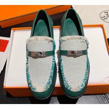 Hermes Destin loafer in calfskin Green and fringed H canvas with Kelly buckle