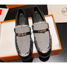 Hermes Destin loafer in calfskin Black and fringed H canvas with Kelly buckle