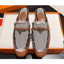 Hermes Oz mule in calfskin Brown/Black and fringed H canvas with Kelly buckle