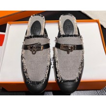 Hermes Oz mule in calfskin Black and fringed H canvas with Kelly buckle