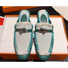 Hermes Oz mule in calfskin Green and fringed H canvas with Kelly buckle