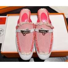 Hermes Oz mule in calfskin White and fringed H canvas with Kelly buckle
