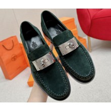 Hermes Hot loafer in suede goatskin vert foncé with palladium-plated oversized Kelly buckle 2024