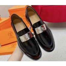 Hermes Hot loafer in glazed calfskin Black with palladium-plated oversized Kelly buckle 2024