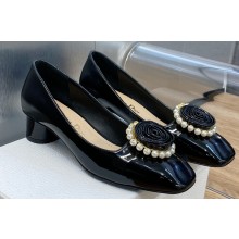 Dior Heel 3.5cm Rose Pumps in Black Patent Calfskin and White Resin Pearls 2024