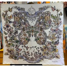 Dior Butterfly Around the World 90 Square Scarf  in White and Pastel Peyote Green Silk Twill 90x90cm 2024