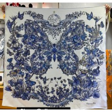 Dior Butterfly Around the World 90 Square Scarf  in White and Pastel Midnight Blue Silk Twill 90x90cm 2024