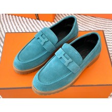 Hermes Faubourg loafer in suede goatskin bleu pinède with signature "H" detail 2024