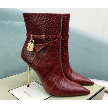 Tom Ford Heel 10.5cm Leather Padlock Ankle Boots Croco Pattern Burgundy 2024