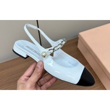 Miu Miu leather slingback pumps Patent White/Black with metal chain and pearl 2024