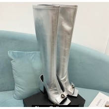 Versace Heel 10.5cm Gianni Ribbon Knee-High Boots Leather Silver 2024
