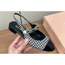 Miu Miu leather slingback pumps Tweed/Patent Black with metal chain and pearl 2024