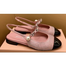 Miu Miu leather slingback pumps Crystals Pink/Patent Black with metal chain and pearl 2024