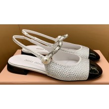 Miu Miu leather slingback pumps Crystals White/Patent Black with metal chain and pearl 2024