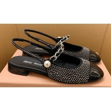 Miu Miu leather slingback pumps Crystals Black/Patent Black with metal chain and pearl 2024