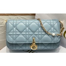 Lady Dior Phone Pouch Bag in Cannage Lambskin Cloud Blue with Removable jewel chain 2024